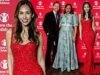 Myleene Klass impressiona em um vestido vermelho brilhante ao se juntar a Zawe Ashton e Tom Hiddleston no present Carol Save the Youngsters em Londres