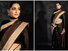 Sonam mostra sua barriga em um saree Banarasi preto