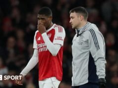 Mosquera, do Arsenal, pode ficar afastado por pelo menos seis semanas